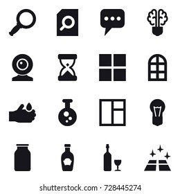16 vector icon set : magnifier, search document, message, bulb brain, web cam, window, arch window, wine, clean floor