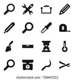 16 vector icon set : magnifier, pencil wrench, electrostatic, pencil, measuring tape, construction, level, thermometer, kitchen scales, sickle, pruner