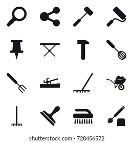 16 vector icon set : magnifier, share, repair, iron board, whisk, big fork, soil cutter, rake, wheelbarrow, scraper, brush, toilet brush