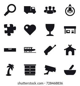 16 vector icon set : magnifier, truck, group, rocket, puzzle, heart, wineglass, gas station, level, train, suitcase, bungalow, palm, chest of drawers, mortar