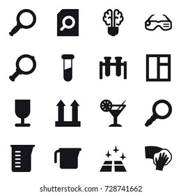 16 vector icon set : magnifier, search document, bulb brain, smart glasses, window, cocktail, measuring cup, clean floor, wiping