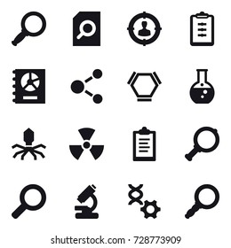 16 vector icon set : magnifier, search document, target audience, clipboard, annual report, molecule, hex molecule, round flask, virus, nuclear