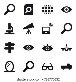 16 vector icon set : magnifier, search document, globe, eye, microscope, telescope, notebook wireless, singlepost, mirror, pickup
