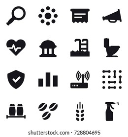 16 vector icon set : magnifier, round around, atm receipt, loudspeaker, goverment house, pool, toilet, coffee seeds, spikelets, sprayer