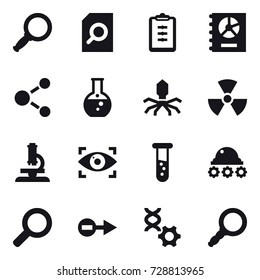 16 vector icon set : magnifier, search document, clipboard, annual report, molecule, round flask, virus, nuclear, microscope, eye identity, vial, lunar rover