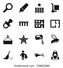 16 vector icon set : magnifier, marker, sun power, cargo stoller, nipple, bridge, modular house, plan, starfish, mixer, wasp, broom, trash, blower, cleaner