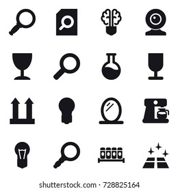 16 vector icon set : magnifier, search document, bulb brain, web cam, wineglass, bulb, mirror, coffee maker, clean floor