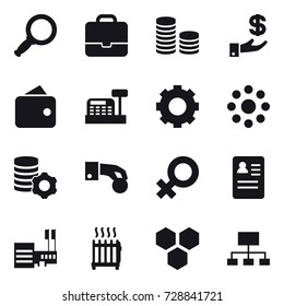 16 vector icon set : magnifier, portfolio, coin stack, investment, wallet, cashbox, gear, round around, virtual mining, hand coin, mall, radiator, honeycombs, hierarchy