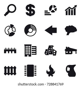 16 vector icon set : magnifier, dollar, diagram, circle diagram, left arrow, bridge, houses, modern architecture, house with garage, radiator, fire, jug