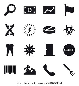 16 vector icon set : magnifier, money, statistic, flag, dna, lightning, door, surfer, big fork