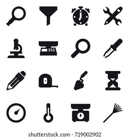 16 vector icon set : magnifier, funnel, alarm clock, pencil wrench, microscope, market scales, pencil, measuring tape, construction, barometer, thermometer, kitchen scales, rake