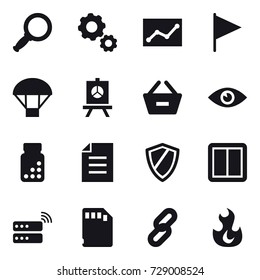 16 vector icon set : magnifier, gear, statistic, flag, parachute, presentation, remove from basket, shield, power switch