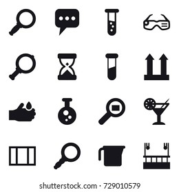 16 vector icon set : magnifier, message, vial, smart glasses, cocktail, window, measuring cup, skyscapers cleaning