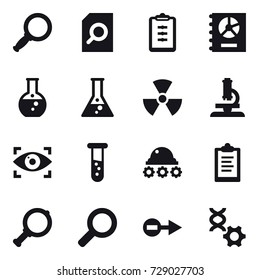 16 vector icon set : magnifier, search document, clipboard, annual report, round flask, flask, nuclear, microscope, eye identity, vial, lunar rover
