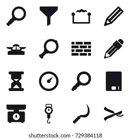 16 vector icon set : magnifier, funnel, electrostatic, pencil, scales, brick wall, barometer, kitchen scales, handle scales, sickle, pruner