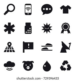 16 vector icon set : magnifier, phone wireless, ballon, t-shirt, medal, slippers, pig, drop, recycling
