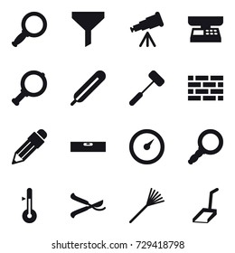 16 vector icon set : magnifier, funnel, telescope, market scales, brick wall, pencil, level, barometer, thermometer, pruner, rake, scoop