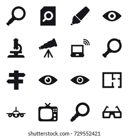 16 vector icon set : magnifier, search document, marker, eye, microscope, telescope, notebook wireless, singlepost, plan, tv
