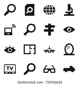 16 vector icon set : magnifier, search document, globe, microscope, notebook wireless, singlepost, plan, mirror, tv, pickup