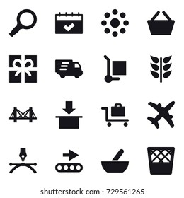16 vector icon set : magnifier, calendar, round around, basket, gift, delivery, cargo stoller, bridge, baggage trolley, mortar, trash bin