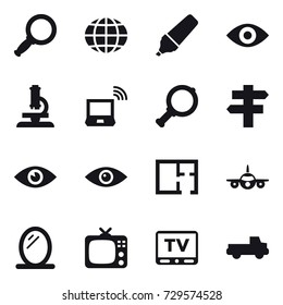 16 vector icon set : magnifier, globe, marker, eye, microscope, notebook wireless, singlepost, plan, mirror, tv, pickup