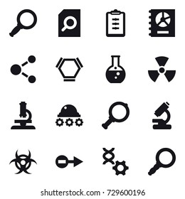 16 vector icon set : magnifier, search document, clipboard, annual report, molecule, hex molecule, round flask, nuclear, microscope, lunar rover