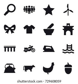 16 vector icon set : magnifier, team, star, windmill, bow, t-shirt, arch, bridge, motorcycle, iron, pool, kettle, cow, chicken, acorn