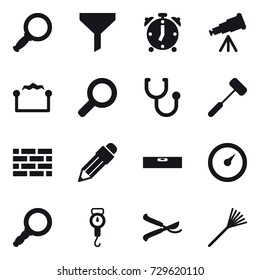 16 vector icon set : magnifier, funnel, alarm clock, telescope, electrostatic, brick wall, pencil, level, barometer, handle scales, pruner, rake