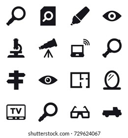 16 vector icon set : magnifier, search document, marker, eye, microscope, telescope, notebook wireless, singlepost, plan, mirror, tv, pickup