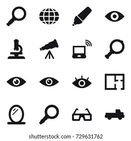 16 vector icon set : magnifier, globe, marker, eye, microscope, telescope, notebook wireless, plan, mirror, pickup