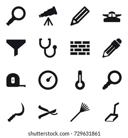 16 vector icon set : magnifier, telescope, pencil, scales, funnel, brick wall, measuring tape, barometer, thermometer, sickle, pruner, rake, scoop