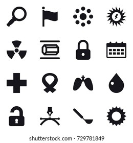 16 vector icon set : magnifier, flag, round around, sun power, nuclear, nanotube, lock, calendar, drop, unlocked, ladle, sun