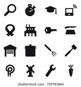 16 vector icon set : magnifier, stopwatch, graduate hat, notebook wireless, factory, key, cutting board, garage, pan, big fork, meat hammer, windmill, wrench, carrot