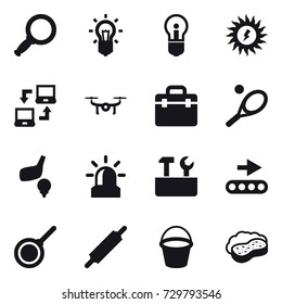 16 vector icon set : magnifier, bulb, sun power, notebook connect, drone, tennis, golf, alarm, repair tools, pan, rolling pin, bucket, sponge with foam