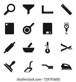 16 vector icon set : magnifier, funnel, ruler, cutting board, pan, kitchen scales, handle scales, rolling pin, mortar, thermometer, pruner, scraper, scoop, brush, iron