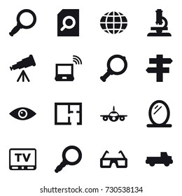 16 vector icon set : magnifier, search document, globe, microscope, telescope, notebook wireless, singlepost, plan, mirror, tv, pickup