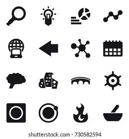 16 vector icon set : magnifier, bulb, diagram, graph, notebook globe, left arrow, modern architecture, bridge, handwheel, ring button, mortar
