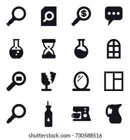 16 vector icon set : magnifier, search document, dollar magnifier, message, round flask, arch window, mirror, window, jug