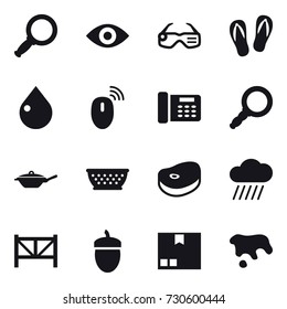 16 vector icon set : magnifier, eye, smart glasses, flip-flops, drop, pan, kolander, rain cloud, farm fence, acorn, package, spot