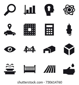 16 vector icon set : magnifier, graph, bulb head, atom, car pointer, cpu, calculator, spark plug, bridge, warehouse, 3d, fountain, crib, field, hand drop