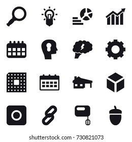 16 vector icon set : magnifier, bulb, diagram, calendar, bulb head, brain, gear, cpu, house with garage, 3d, ring button, acorn