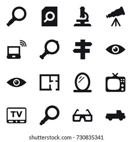 16 vector icon set : magnifier, search document, microscope, telescope, notebook wireless, singlepost, plan, mirror, tv, pickup