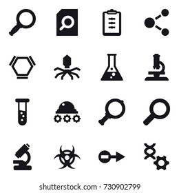 16 vector icon set : magnifier, search document, clipboard, molecule, hex molecule, virus, flask, microscope, vial, lunar rover