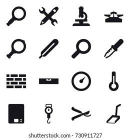 16 vector icon set : magnifier, pencil wrench, microscope, scales, brick wall, level, barometer, thermometer, kitchen scales, handle scales, pruner, scoop