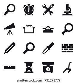 16 vector icon set : magnifier, alarm clock, pencil wrench, microscope, telescope, electrostatic, scales, brick wall, level, kitchen scales, scoop