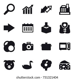 16 vector icon set : magnifier, diagram, up down arrow, cashbox, right arrow, calendar, life vest, pan, pig, goose, garden, cheese