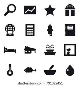 16 vector icon set : magnifier, statistic, star, gift, notebook globe, calculator, spark plug, copybook, house with garage, fountain, flower in window, thermometer, mortar, drop