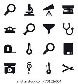 16 vector icon set : magnifier, microscope, telescope, market scales, scales, funnel, measuring tape, thermometer, kitchen scales, handle scales, pruner
