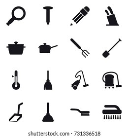 16 vector icon set : magnifier, nail, pencil, stands for knives, pan, saute pan, big fork, shovel, thermometer, broom, vacuum cleaner, scoop, plunger, brush