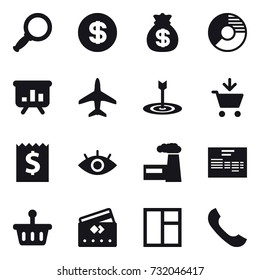 16 vector icon set : magnifier, dollar, money bag, circle diagram, presentation, plane, target, add to cart, receipt, factory, credit card, window